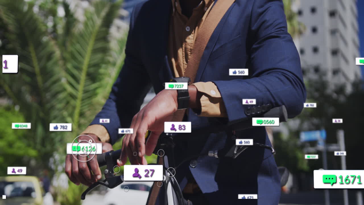 Animation of social media icons over african american man using smartwatch in street