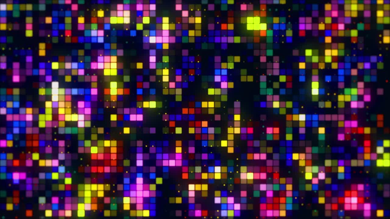 pared abstracta con luces brillantes y parpadeantes en un concepto de fiesta nocturna. movimiento. millones de coloridas partículas de forma cuadrada brillantes y intermitentes, bucle sin costuras
