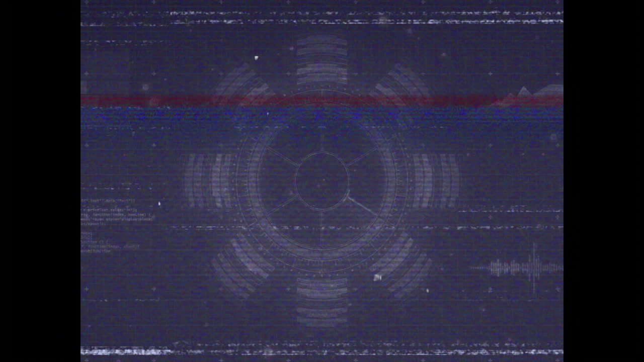 Animation of digital glitch effect with circular interface and static lines