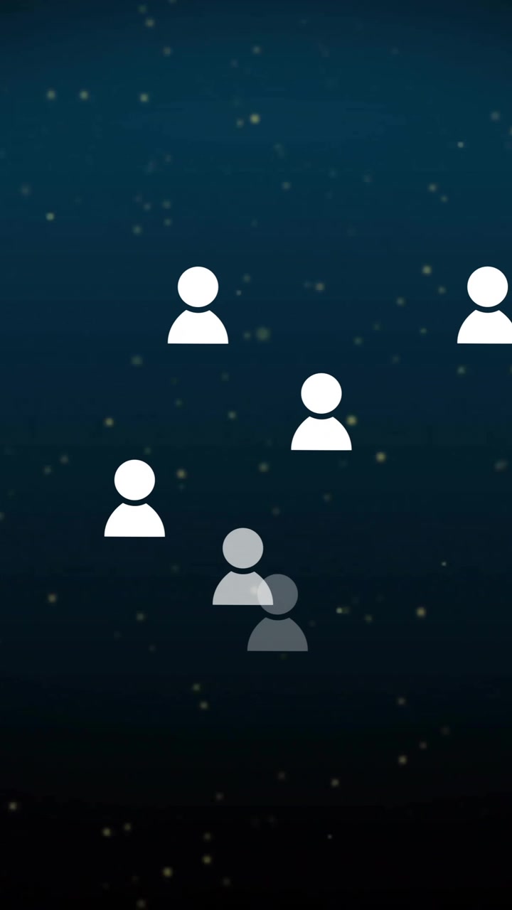 Animation of profile icons and white particles flying against blue background