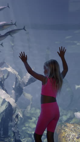 girl looking at fish in an aquarium