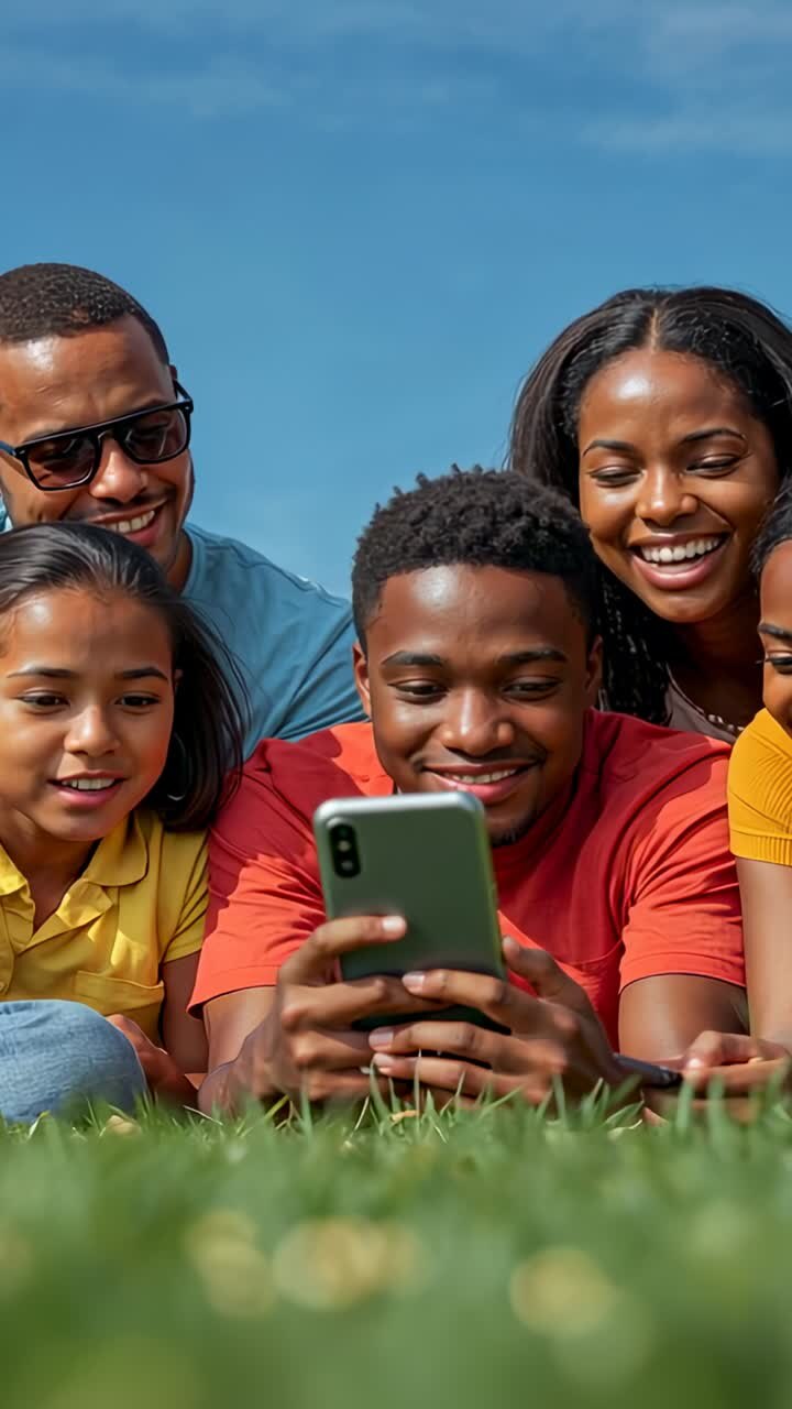 Vertical video: Tapping smartphone teenage son amusing family on grassy field, for shared laughter