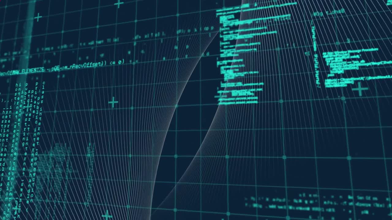 Animation of data processing over mesh on black background