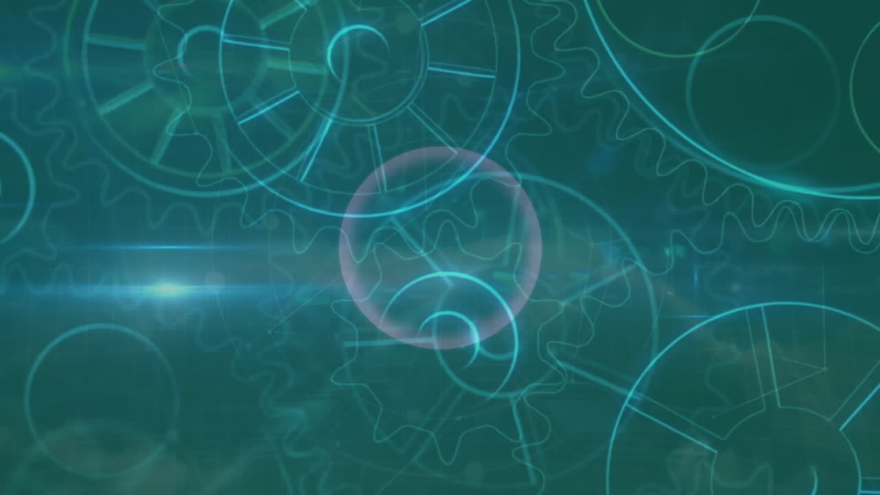 Abstract gears and circular patterns in blue and green digital animation