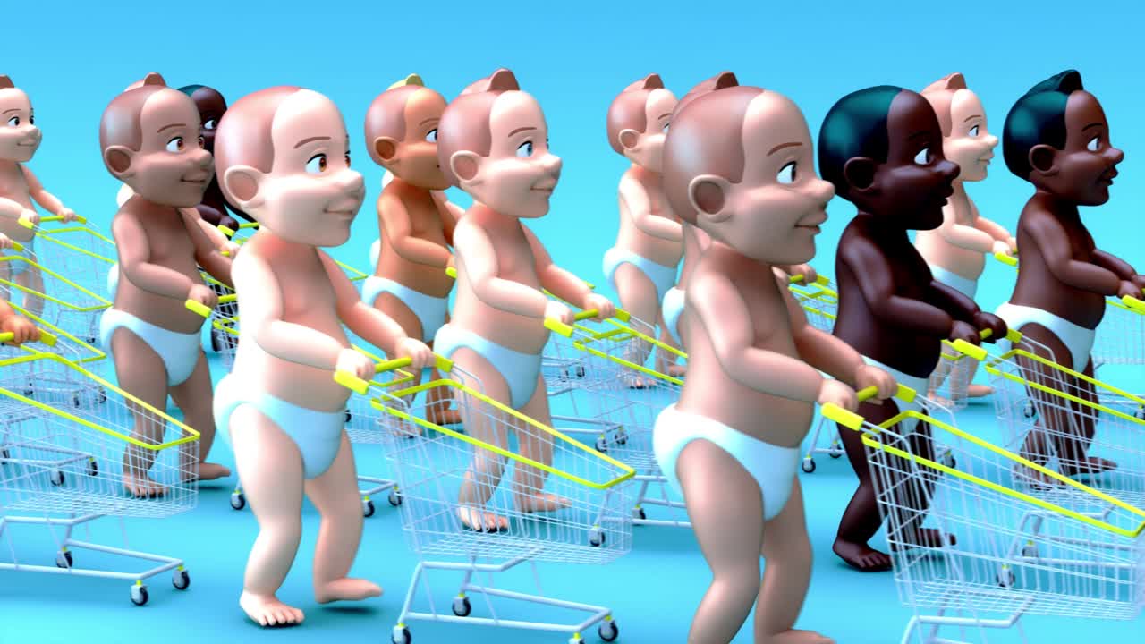 4k divertida animación de dibujos animados de un bebé de compras