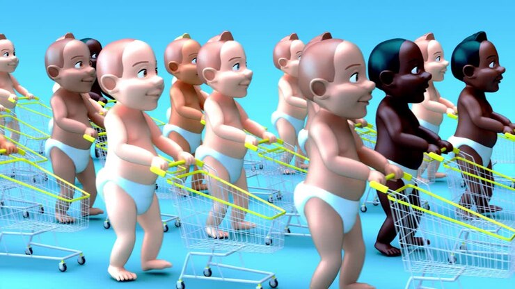 4K fun cartoon animation of a babies shopping