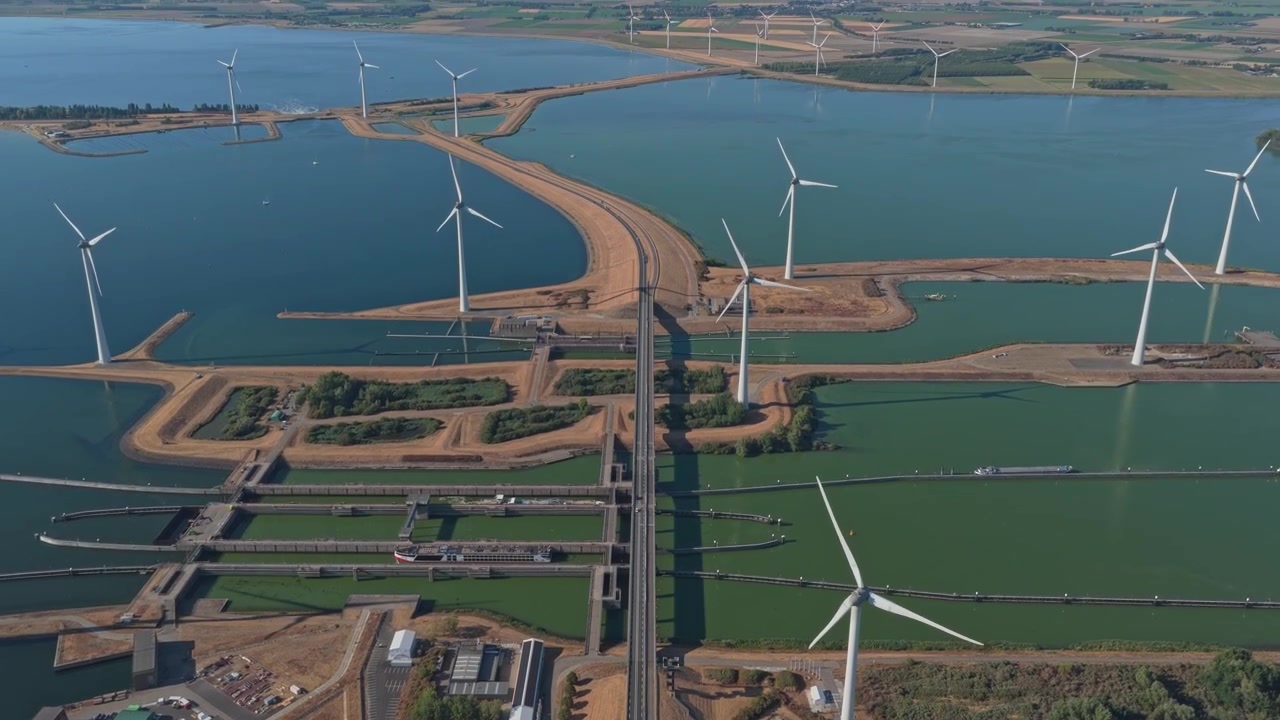 Aerial View of Wind Turbines and Water Lock System