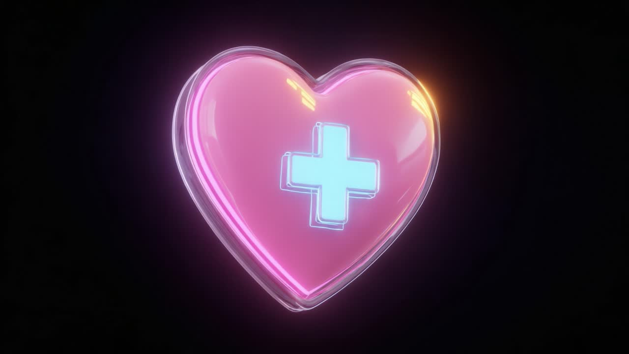 A vibrant, glowing pink heart symbol with a medical cross, representing healthcare, love, and compassion, set against a dark background to highlight its sleek design