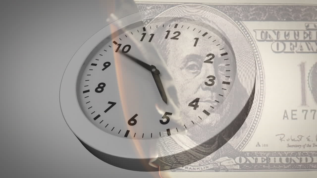 Animation of clock ticking over american dollar bill burning