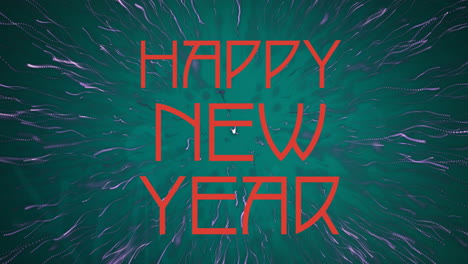 animación del texto de feliz año nuevo en explosión púrpura sobre fondo verde