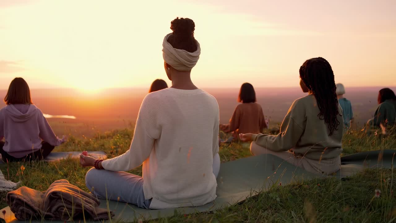 A serene video of people meditating at sunset, captured from a rear angle, embracing tranquility