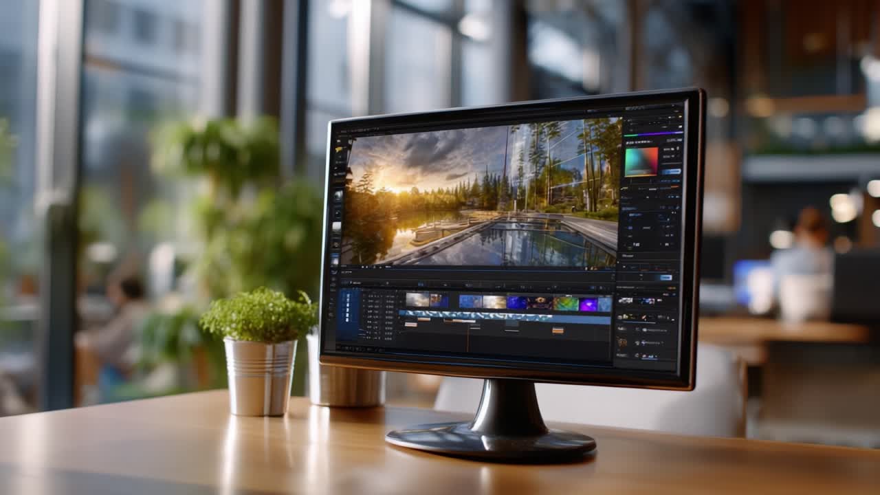 A Modern Workspace Featuring a Computer Screen Displaying an Image Editing Program in an Aesthetic Office Environment with Natural Light and Greenery