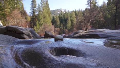 river trickles around a granite stone with mountain pine forest in background