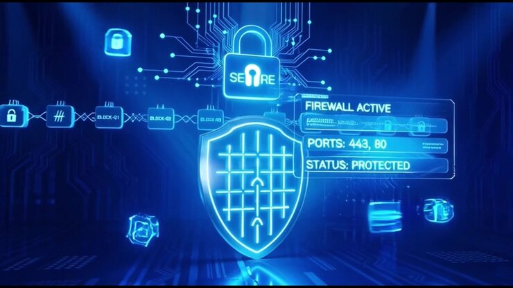 Digital Cybersecurity Shield and Network Protection Interface