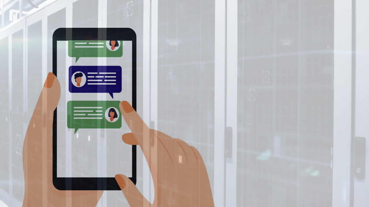 Interacting with smartphone chat app, hands in server room with animation