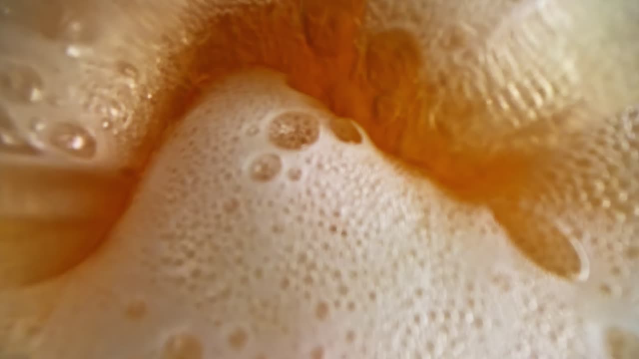 Close-up of beer foam, bubbles create dynamic texture and energy
