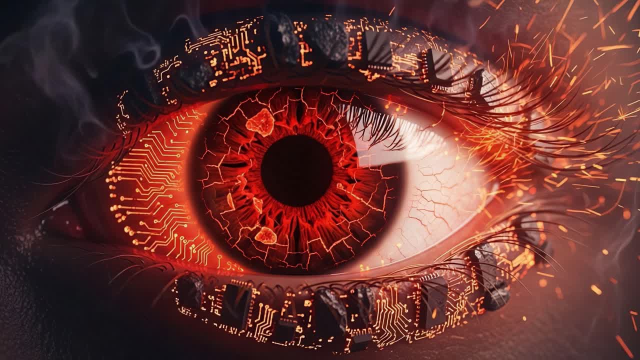A Close-Up of a Futuristic Eye with a Technology-Inspired Design Featuring an Intense Red Center and Circuit Patterns, Symbolizing Vision and Innovation