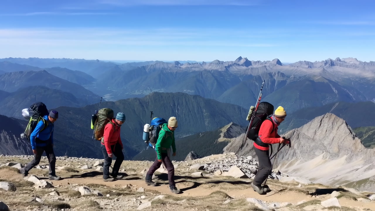 Group Hikers Trekking Alpine Summit Ridge, Guided Expedition Crossing Rocky Trail With Colorful Backpacks