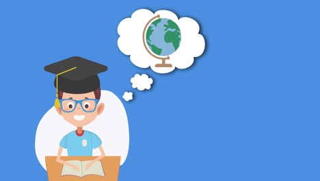 animación de un escolar que lleva el icono de la gorra de graduación con una burbuja de habla sobre un fondo azul