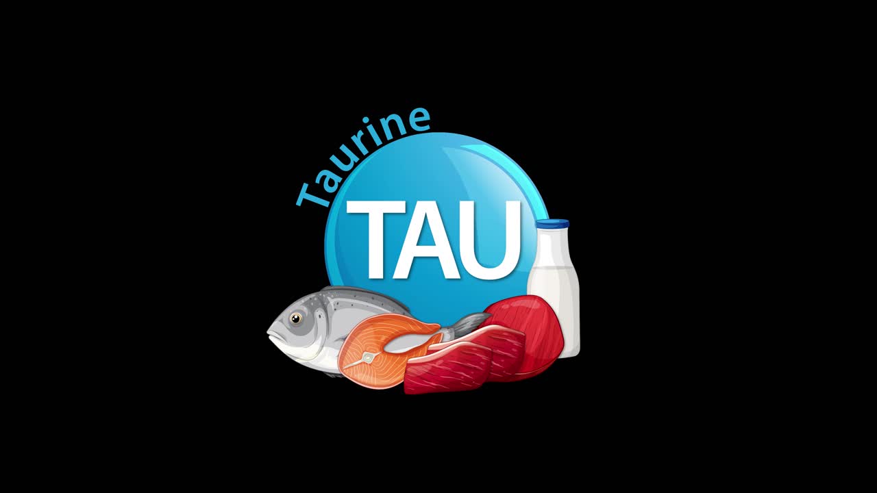 A blue taurine icon animates in, revealing fish, shrimp, and meat illustrations beneath. Smooth transitions, clean vector style, and centered composition on a black background