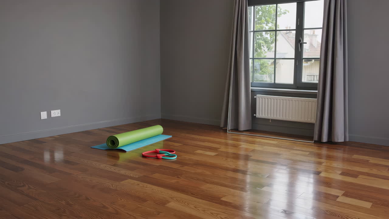 Empty Home Workout Room with Yoga Mat and Resistance Bands