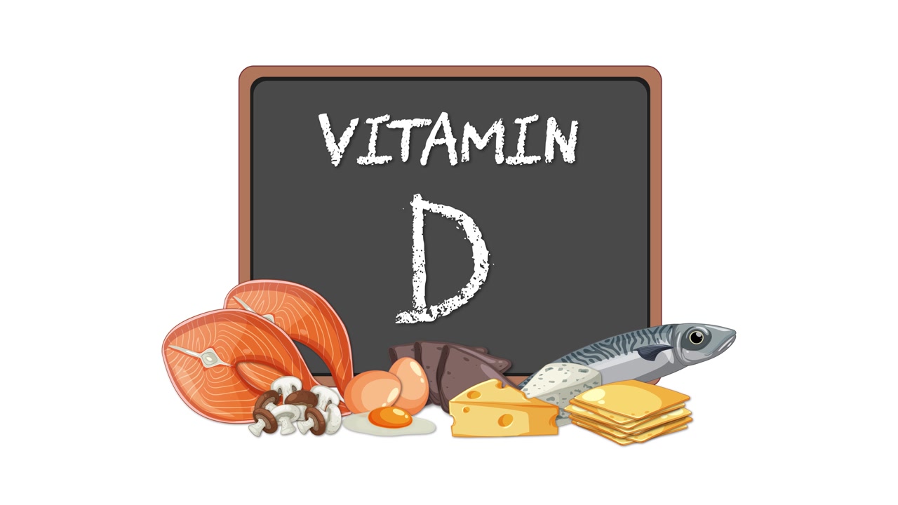 Temiz beyaz bir arka planda, animasyonlu D vitamini besin kaynakları slaytı kara tahtanın etrafında beliriyor