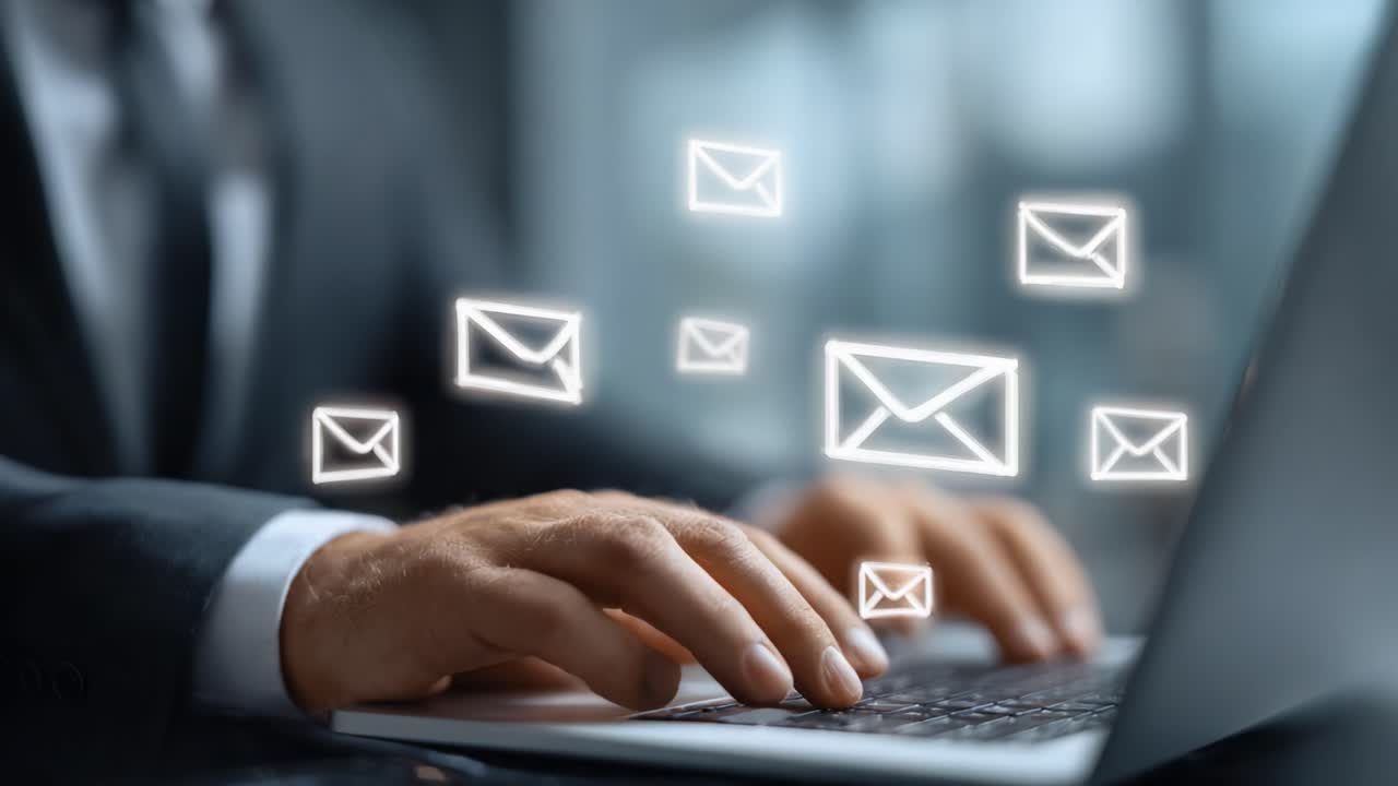 Dynamic Digital Communication: A Visual Representation of Modern Email Interaction with Animated Messages Over a Laptop Interface in a Professional Setting