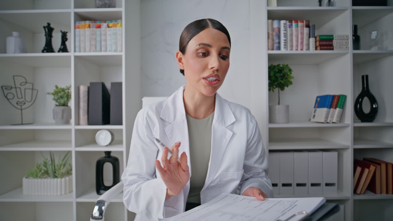 Therapist online healthcare consultation closeup pov video. Woman doctor online