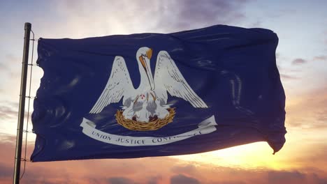 flag of louisiana waving in the wind against deep beautiful sky at sunset