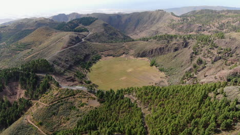 aerial view traveling in on the canarian volcanic caldera los marteles in a place full of endemic canarian pines and on a sunny day