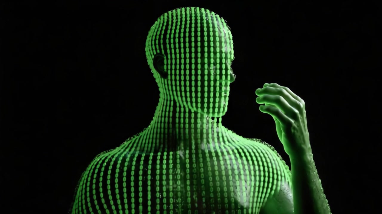 A Digital Figure Surrounded by Matrix-like Codes, Revealing the Intricate Relationships Between Humanity and Technology in a Dark Environment