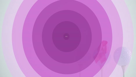 Animation-of-purple-circles-and-breast-cancer-awareness-over-golf-balls