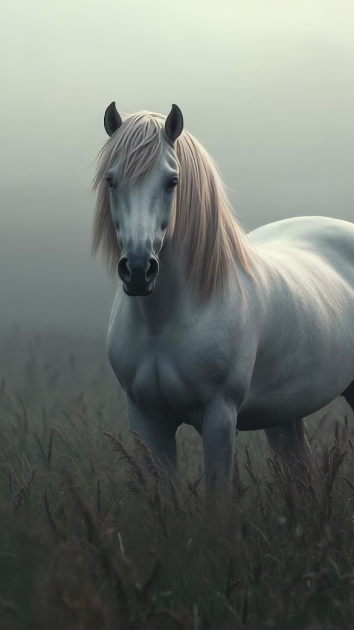 Vertical video: Standing white horse feeling breeze, moving head and mane in misty grass