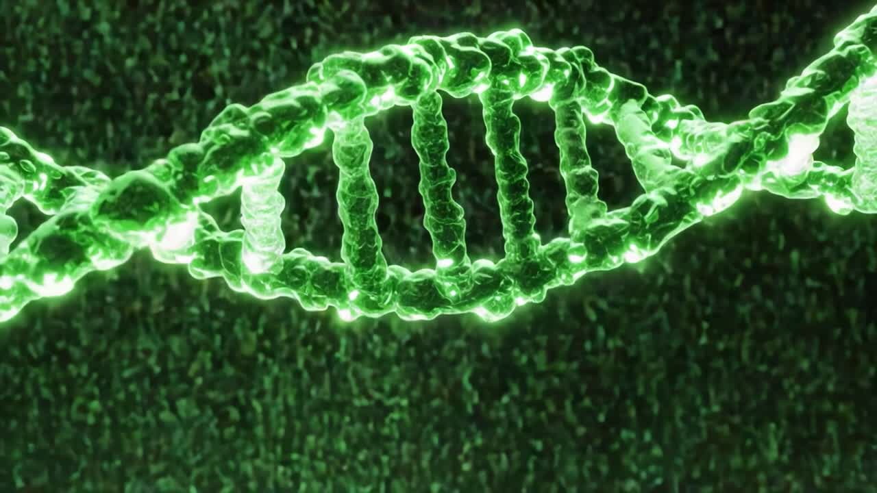 Captivating Animation of a Green DNA Double Helix Surrounded by Streams of Illuminated Particles, Showcasing the Intricacies of Genetic Structure and Function
