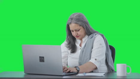 directora india senior seria trabajando en la pantalla verde de la computadora portátil
