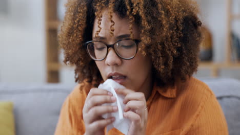 allergy, sneezing and sick woman with a tissue