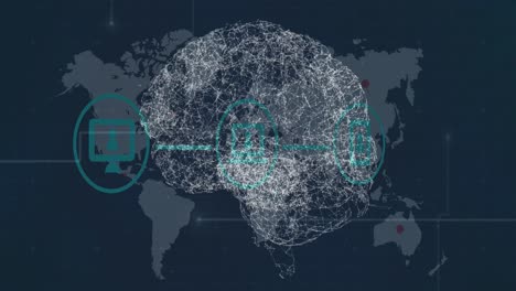 Animation-of-rotating-brain-with-connections-over-icons-and-world-map