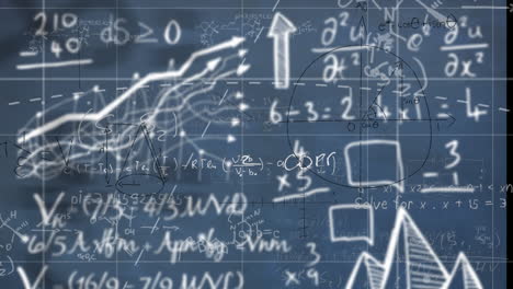 Animation of mathematical equations and formulas floating over grid network against blue background