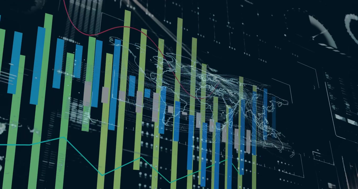 Animation of statistics and financial data processing over black background