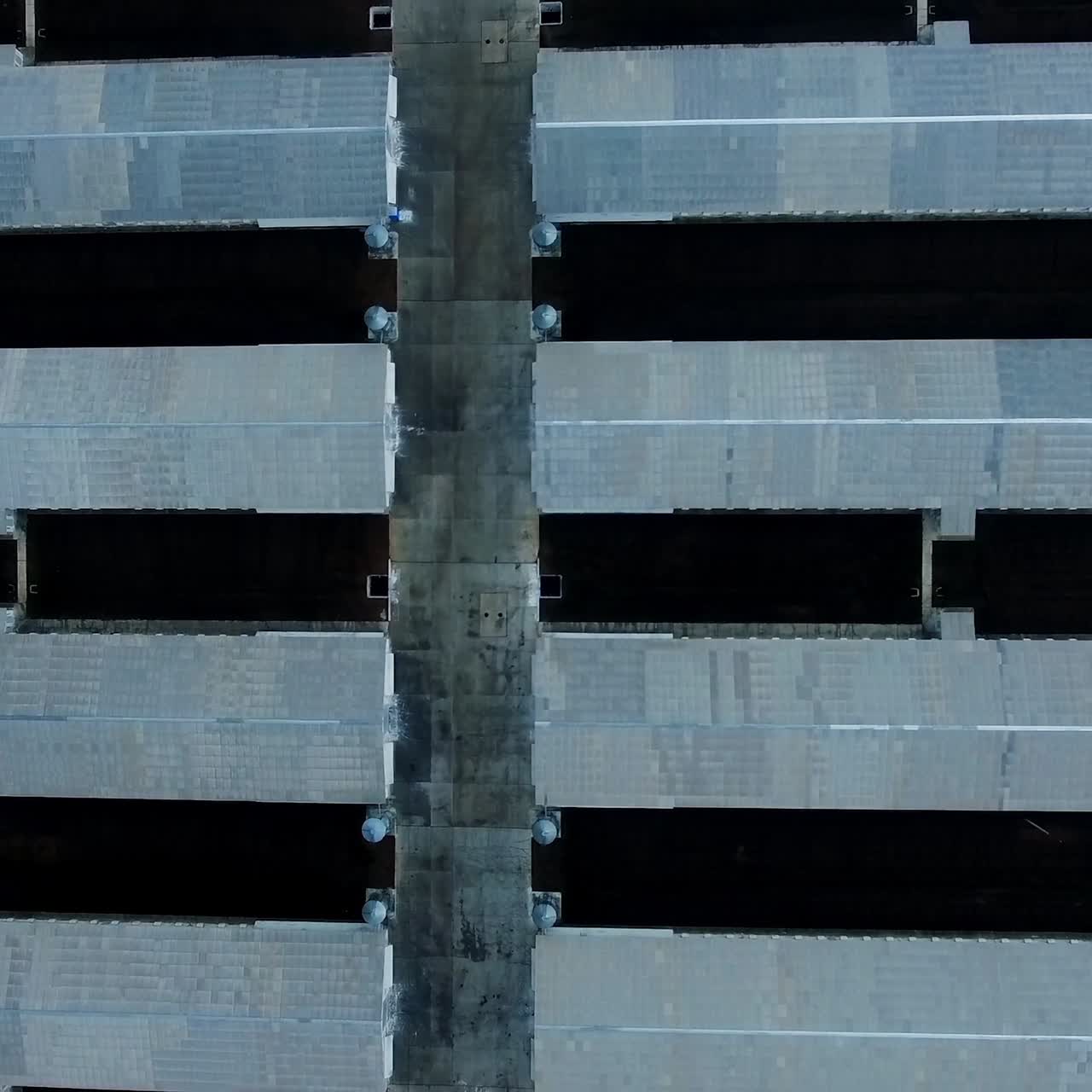 Process of building new agricultural farm in the field. Aerial view on white roofs of the farm