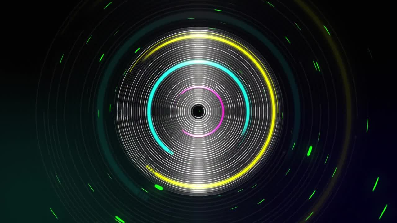 검은색 배경에 회전하는 다수의 다채로운 원을 회전시키는 애니메이션