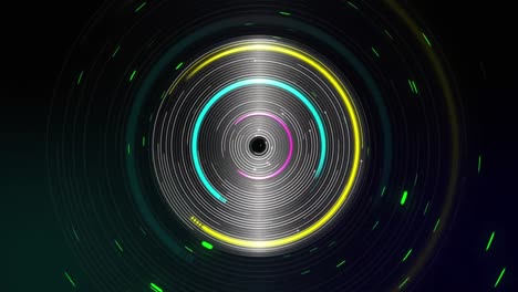 animation of spinning multiple colourful circles spinning on black background