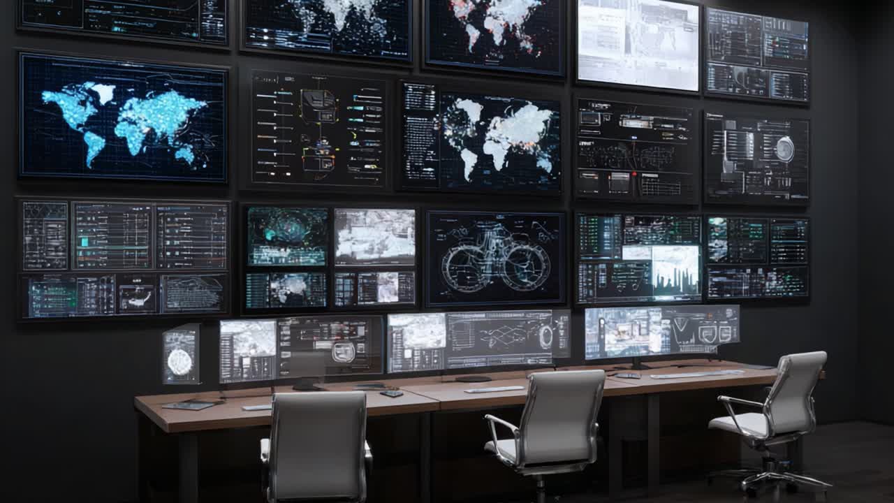 Centro di comando ad alta tecnologia: una sala di controllo futuristica piena di display digitali avanzati e visualizzazioni di dati per il monitoraggio delle informazioni globali.