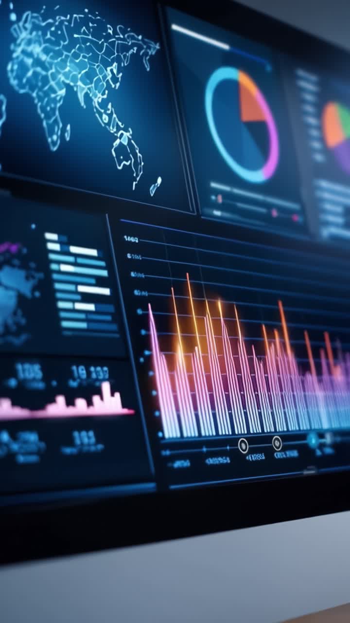 A modern computer screen displaying advanced data analytics, featuring colorful graphs, geographical maps, and dynamic visualizations for insights and decision-making