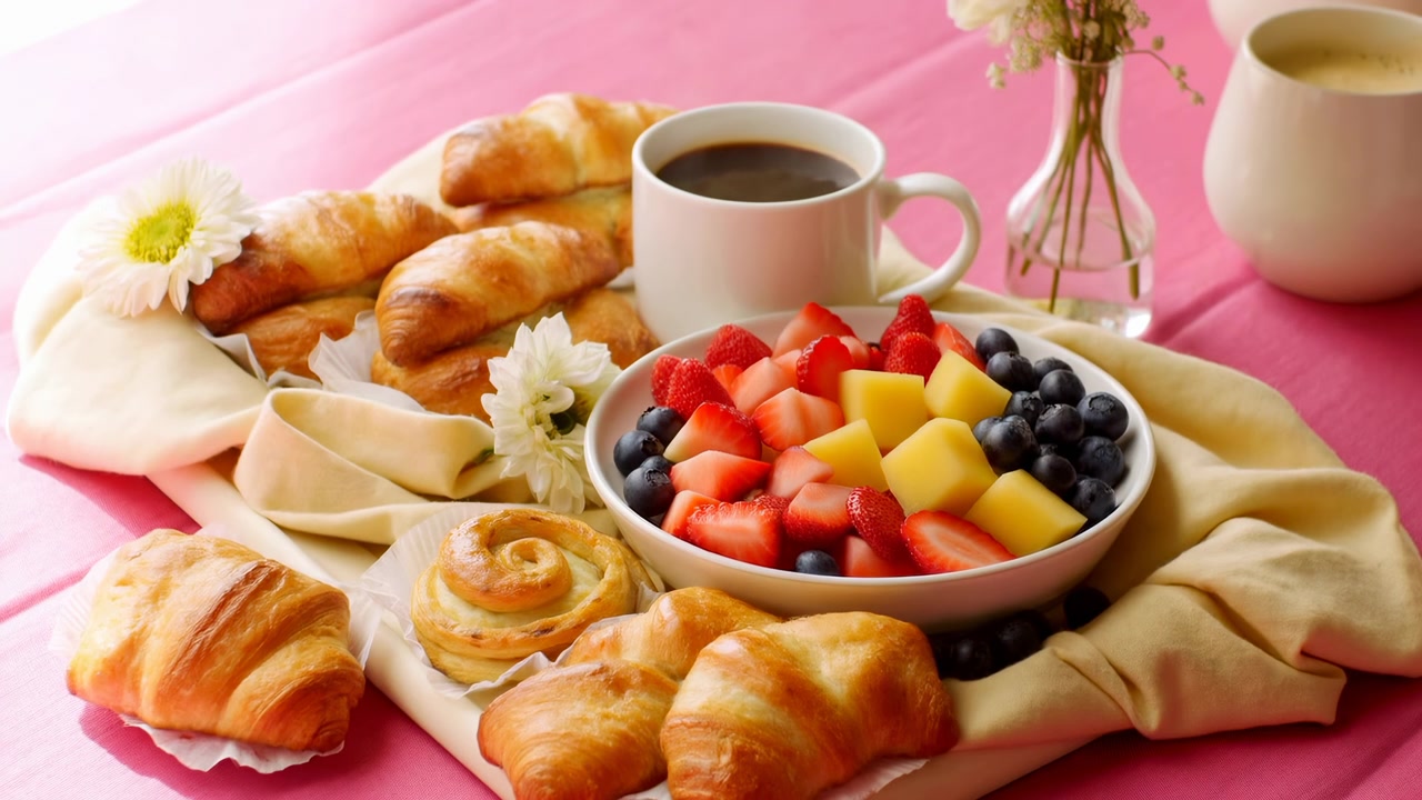 Ciotola di frutta, cornetti e caffè su una tovaglia rosa con cubetti di mango fresco, fragole, mirtilli, friabili.