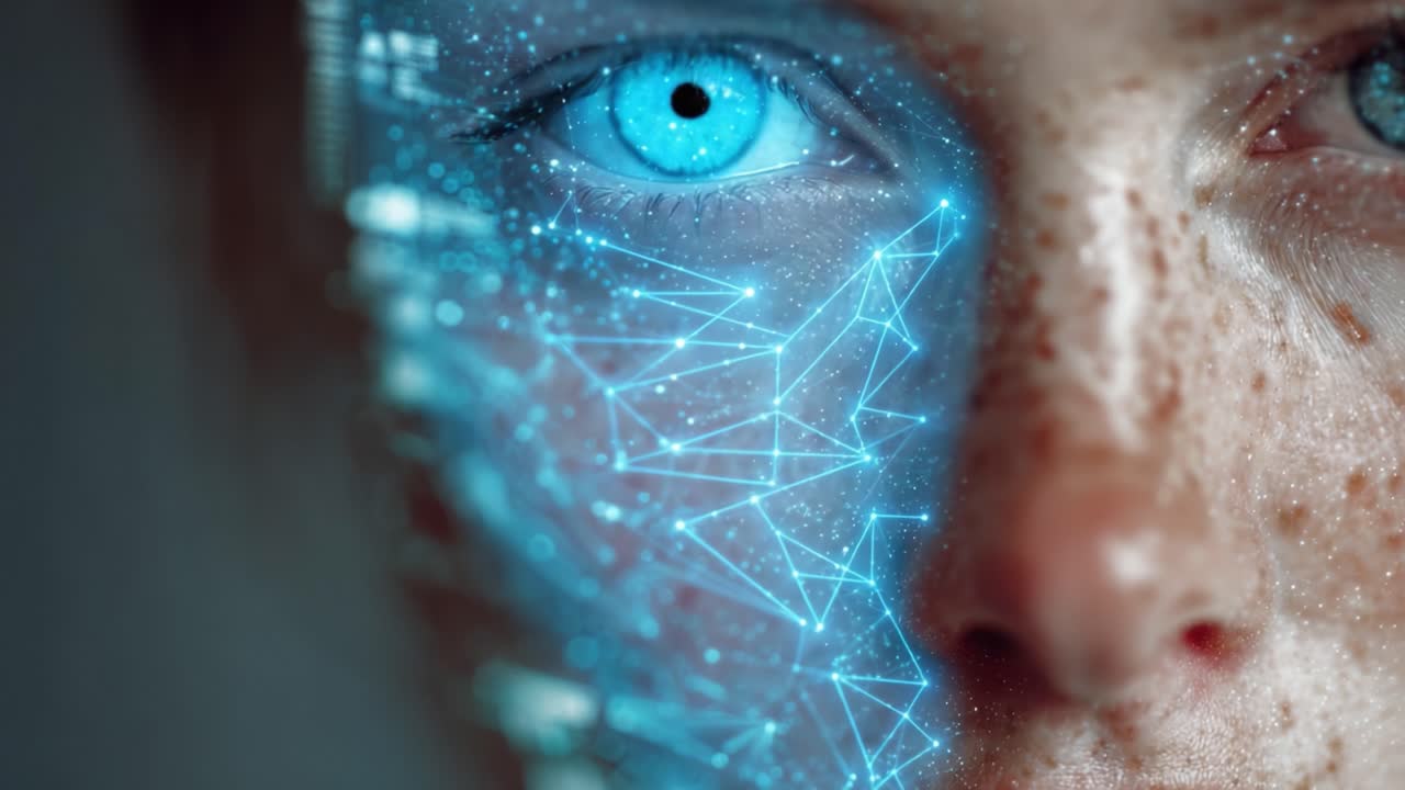Primo piano di un volto con proiezioni digitali che evidenziano le caratteristiche ed esprimono una fusione di realtà e tecnologia in un'ambientazione futuristica.
