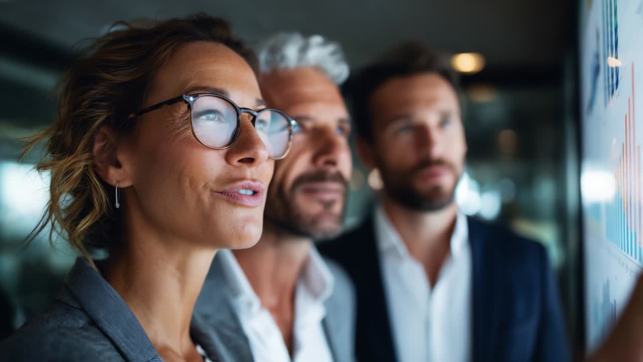 Engaged Professionals Analyzing Growth Data and Trends in a Modern Office Environment: A Group of Diverse Colleagues Collaborate to Discuss Strategic Insights and Future Opportunities for Their Organization