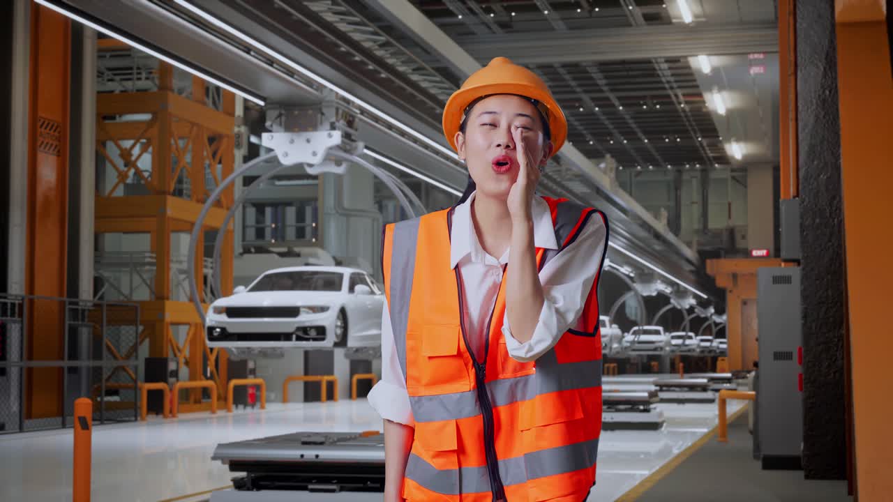안전 헬을 입은 아시아 여성 엔지니어가 ev 자동차 공장에서 서 있는 동안 입 위에 손으로 소리치고 있습니다.