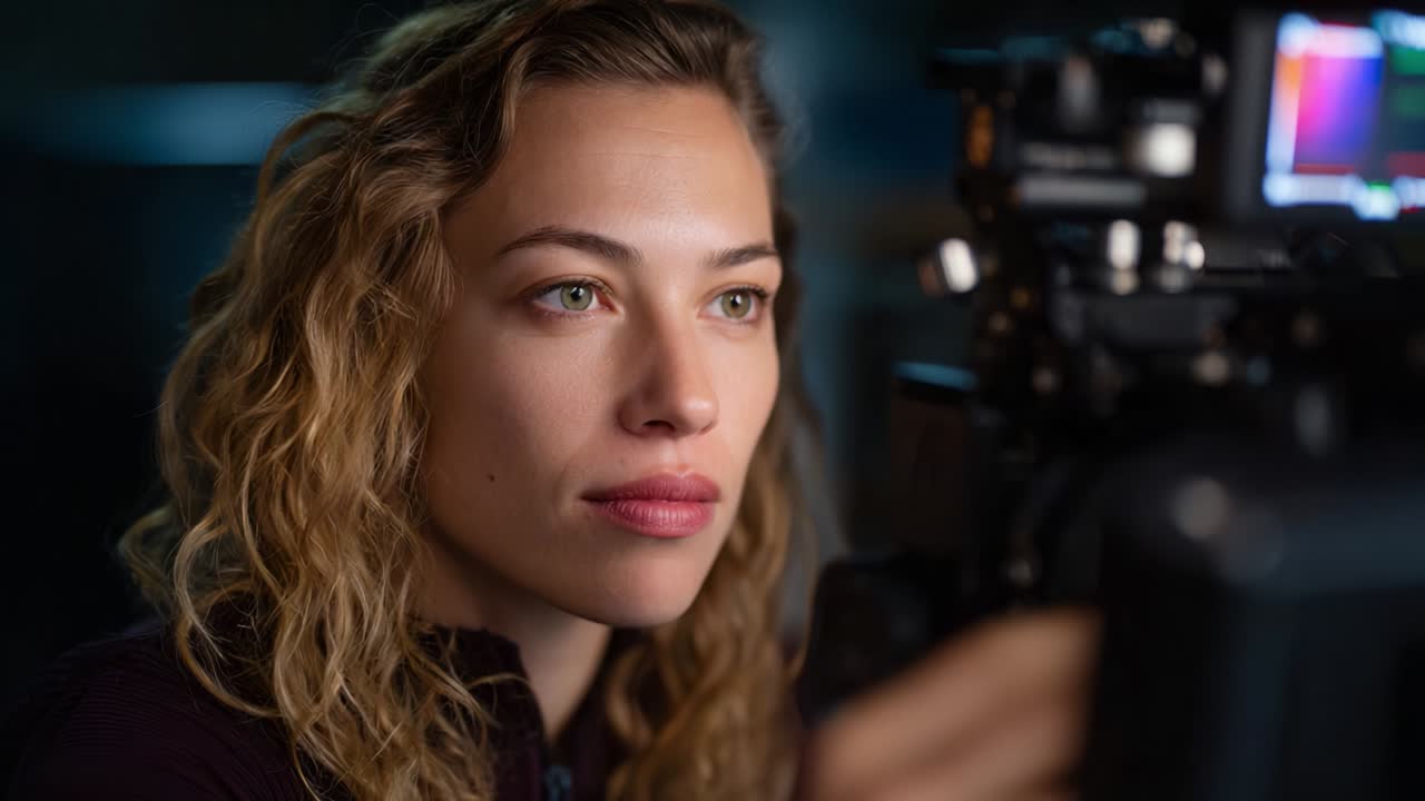 A Close-Up Shot of a Woman Engaged in Filmmaking, Highlighting Her Expression and Focus on the Camera Equipment in a Dimly Lit Setting, Capturing the Essence of Cinematic Creativity and Passion