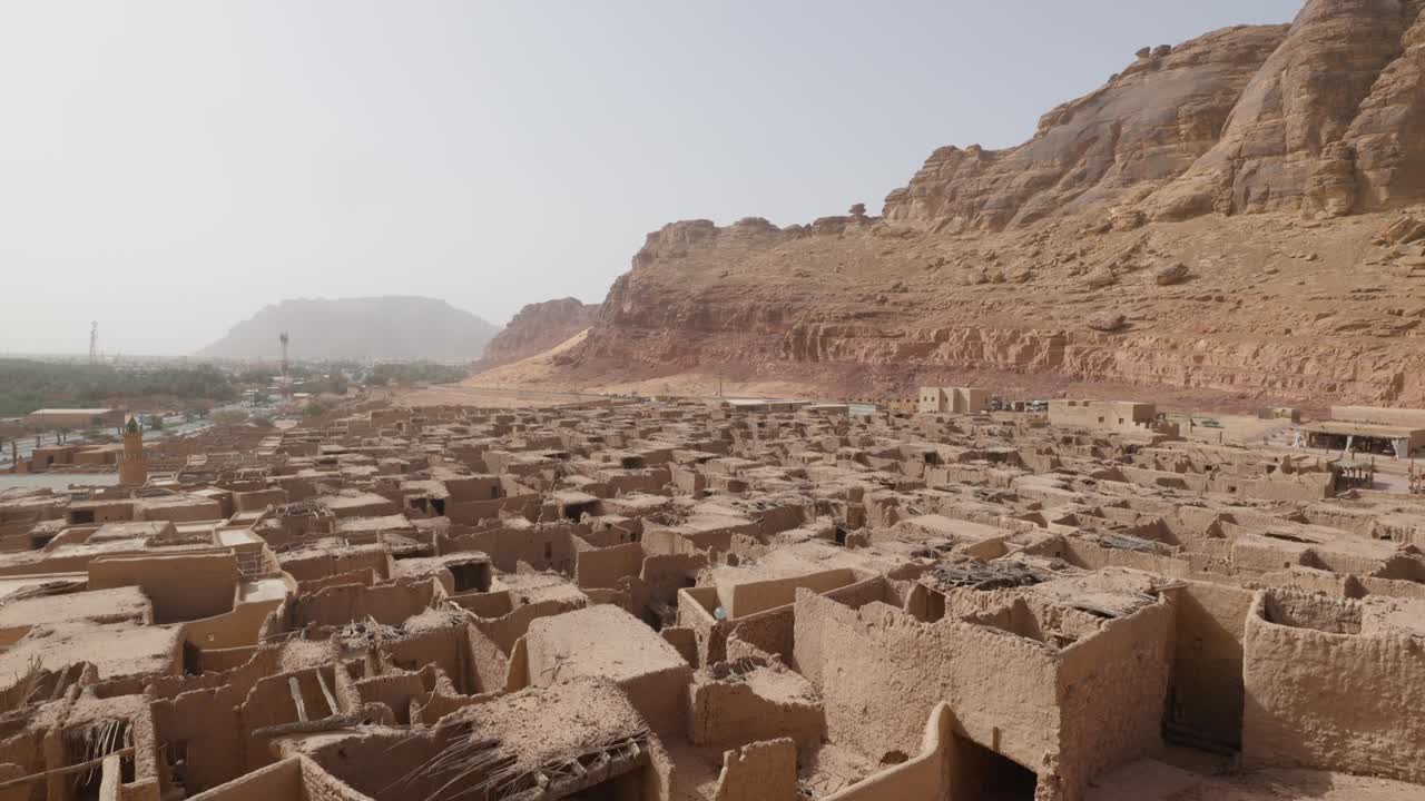 Aerial view of the Old Town mud hut houses in the tourist area of Al Ula, Saudi Arabia